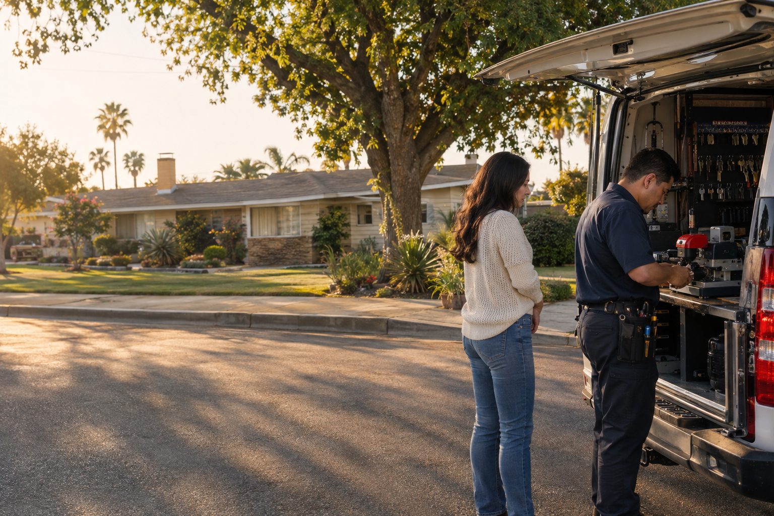 A mobile locksmith at the back of his van cutting a key while a customer waits at a 1950s Downey ranch home with mature trees in Downey, CA