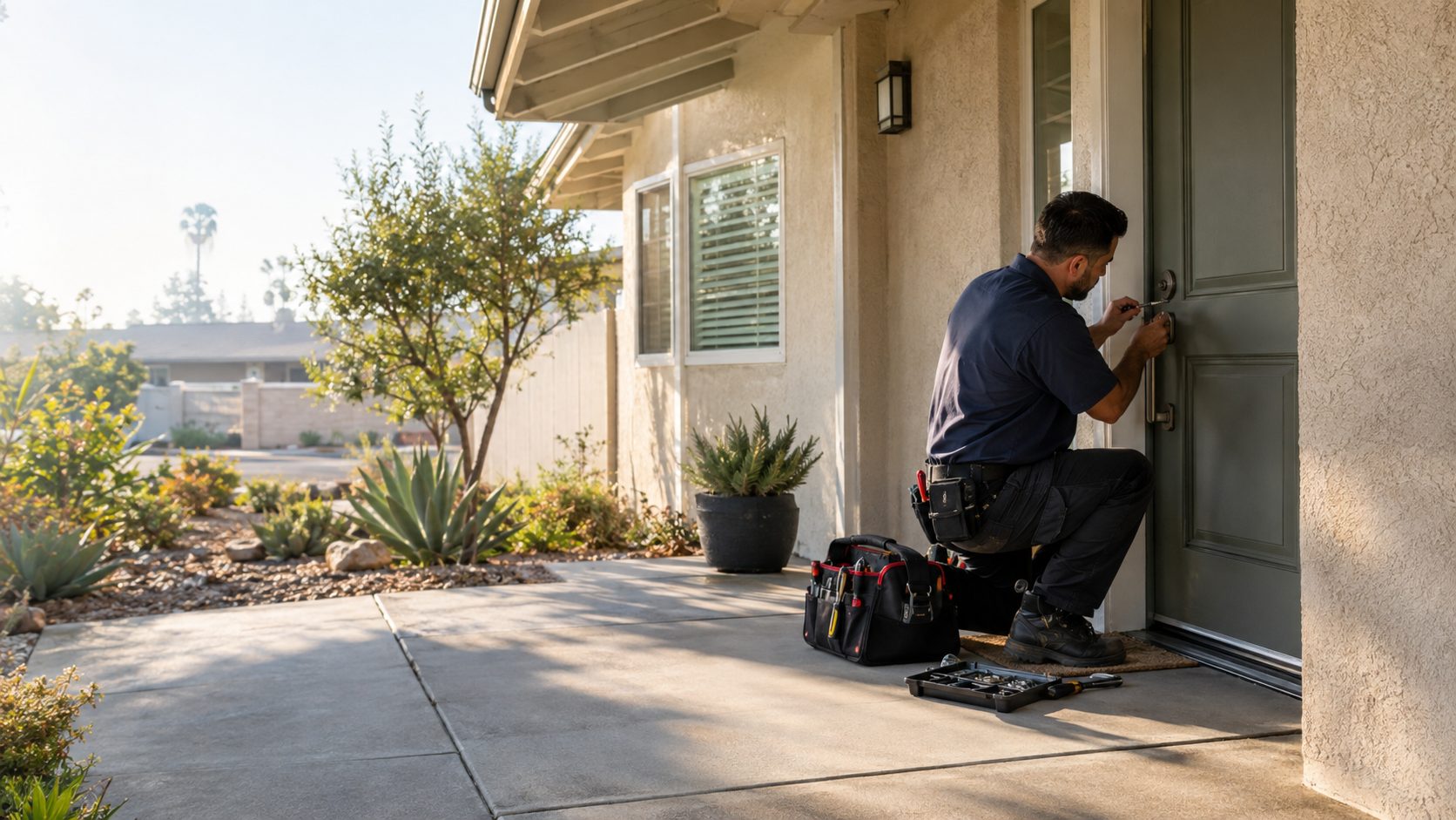A locksmith checks a front-door deadbolt outside a stucco ranch home in Norwalk, with tools arranged neatly beside the entry in Norwalk, CA