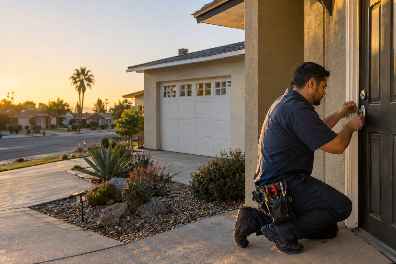 A locksmith checks a front-door deadbolt at a modest Paramount home, with the garage and quiet residential street in view in Paramount, CA