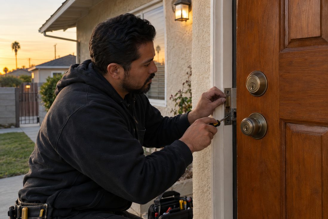 Close view of a locksmith aligning a deadbolt strike plate on the original wooden door of a South Gate home in South Gate, CA