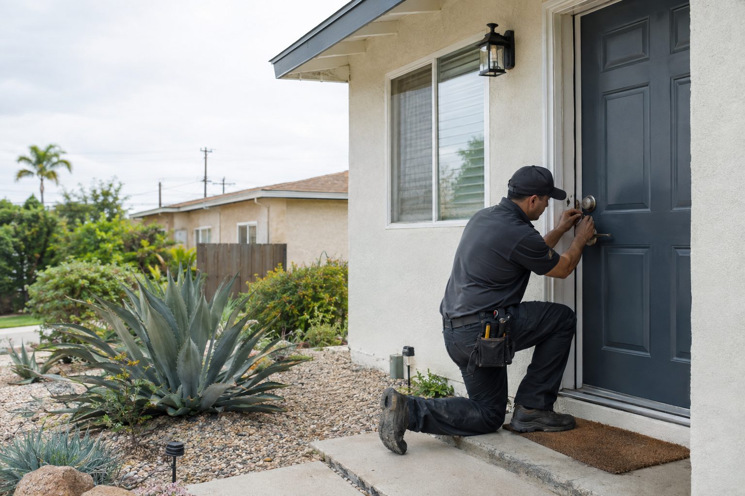 A locksmith checks a front door deadbolt at a compact postwar stucco home in South Gate on a clear afternoon in South Gate, CA
